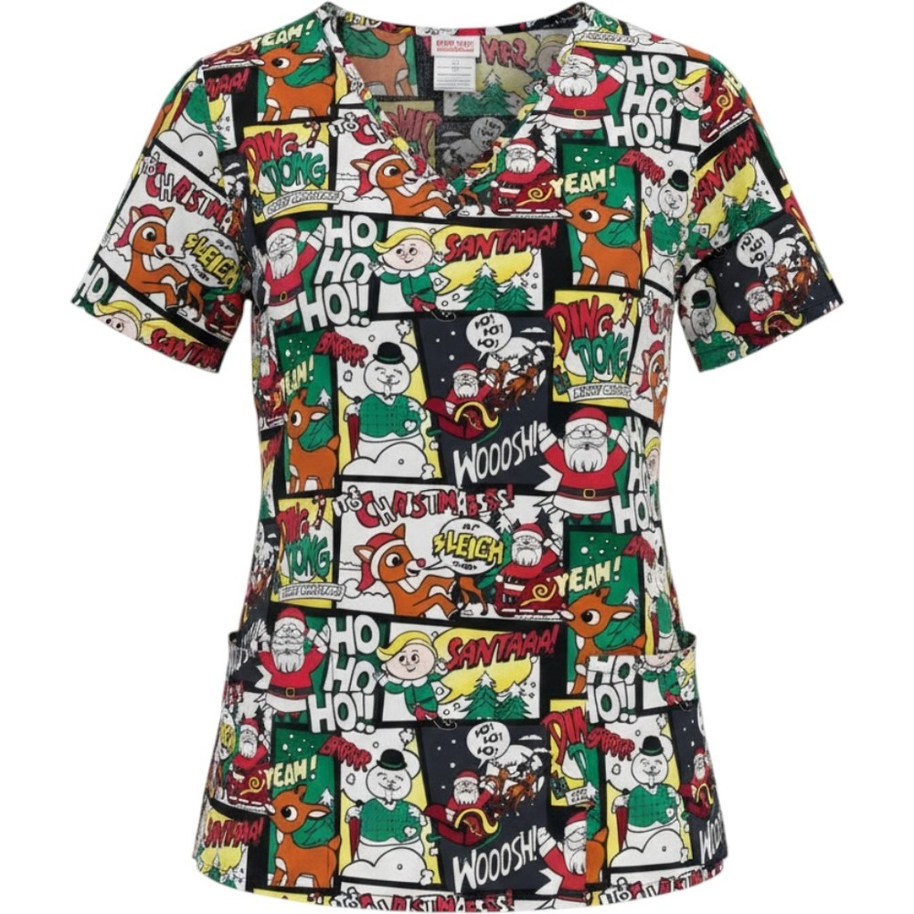 Rudolph Red-Nosed Reindeer Christmas Scrub Top Comic Print Multi M